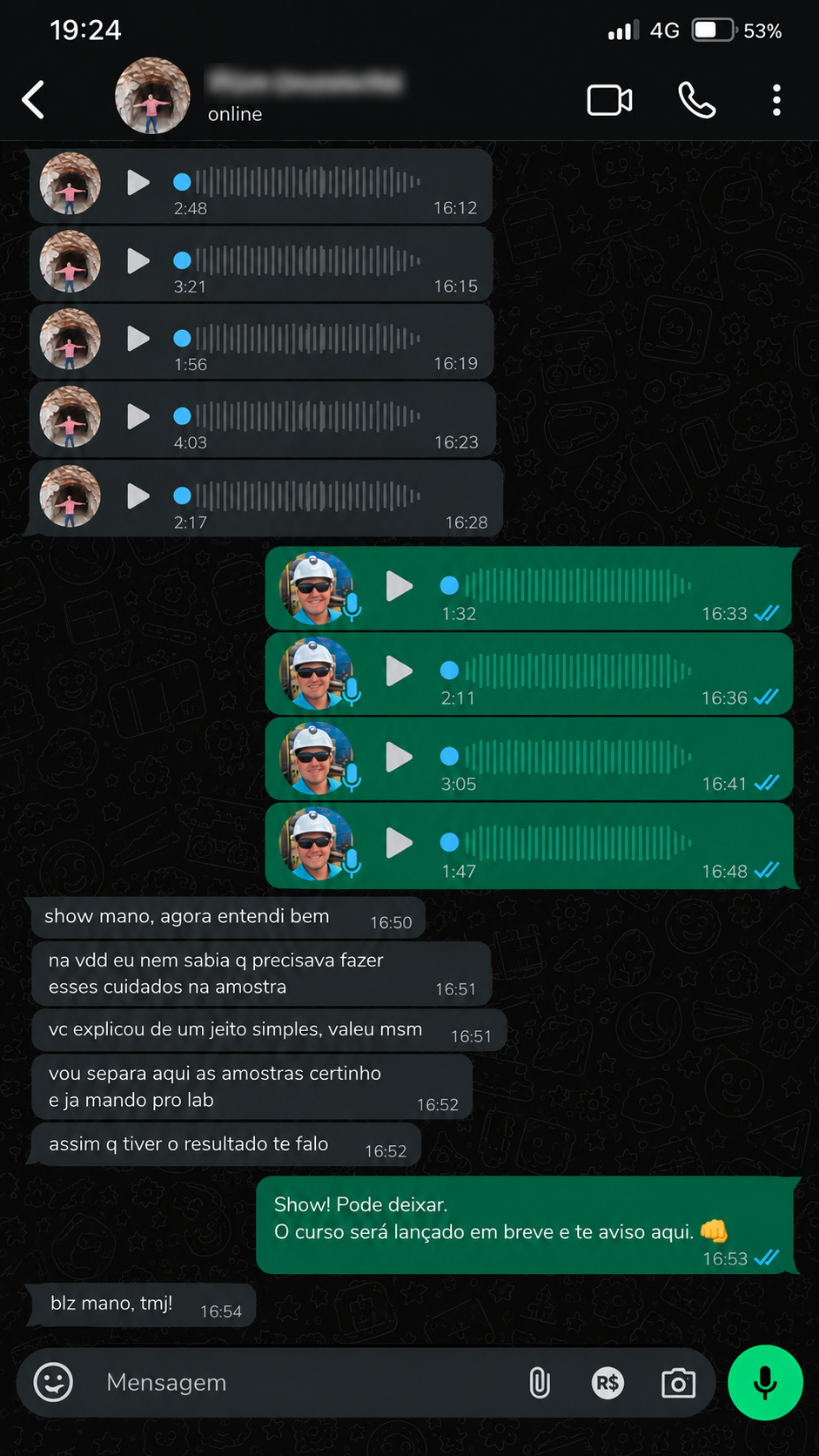 Conversa real recebida no WhatsApp sobre conteúdo da Escola do Ouro 4
