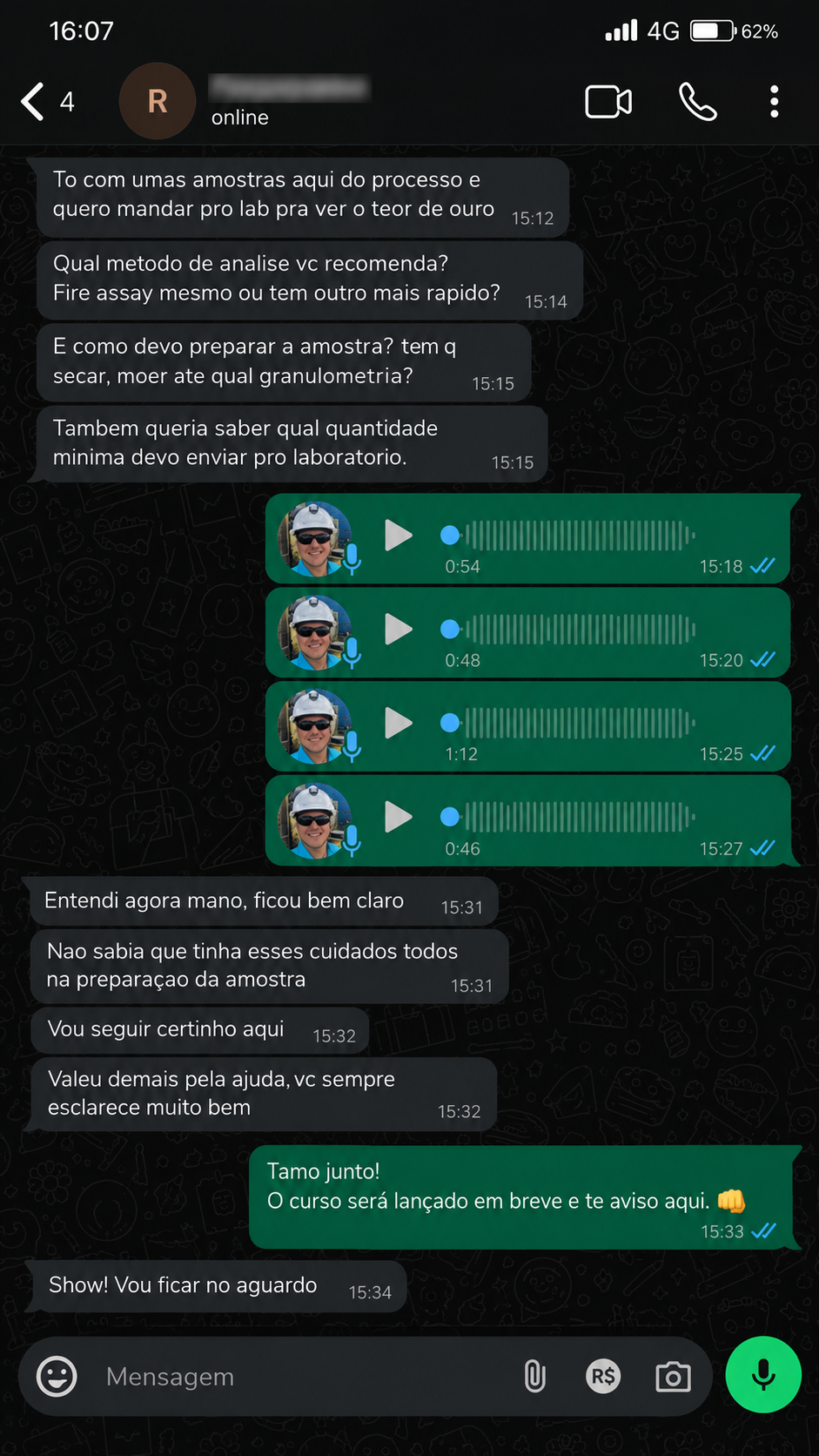 Conversa real recebida no WhatsApp sobre conteúdo da Escola do Ouro 1